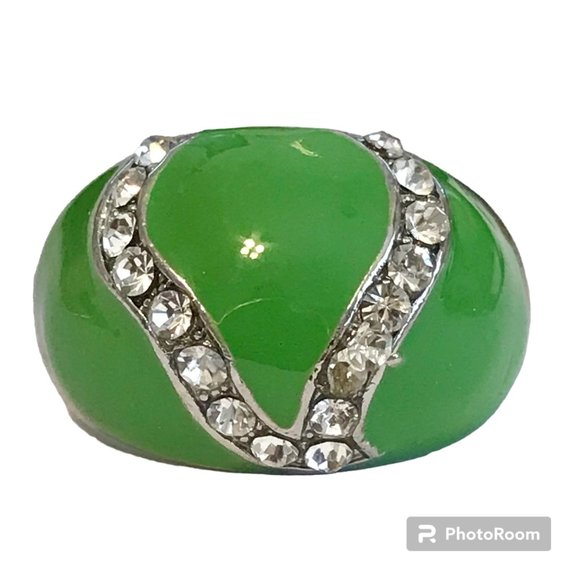 Vintage Green Enamel Cocktail Ring Silver Plated Crystal Rhinestone Size 8 Boho - Picture 9 of 12